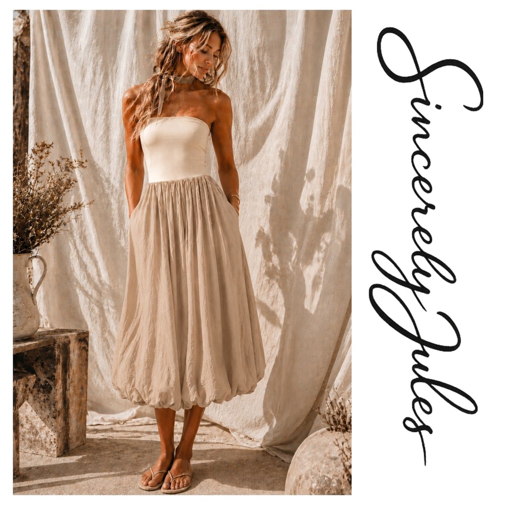 Sincerely Jules Ivory Beige Strapless Drop Waist Bubble Hem Midi Dress L